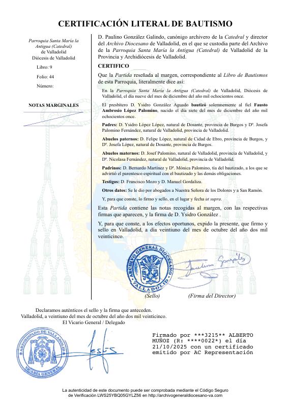 Annex L: Fausto Lopez - Certificacion de Bautismo